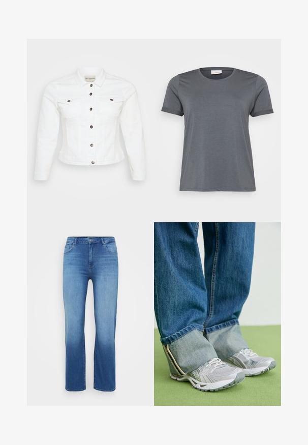 Weiße Jeansjacke mit langen Ärmeln, Knopfverschluss, zwei Brusttaschen und silberfarbenen Knöpfen. Glatte Textur und verkürzte Passform.; Graues kurzärmliges T-Shirt aus weichem Material mit klassischem Rundhalsausschnitt und aufgerollten Ärmeln. Glatte Textur ohne sichtbare Muster.; Hellblaue Jeans aus Denim mit geradem Schnitt, Fünf-Taschen-Design und einem ausgeblichenen Effekt am Saum. Knopfverschluss an der Taille.; Graue Turnschuhe aus Mesh-Material mit weißen Akzenten, kombiniert mit blauen Jeans, die an den Knöcheln umgeschlagen sind.