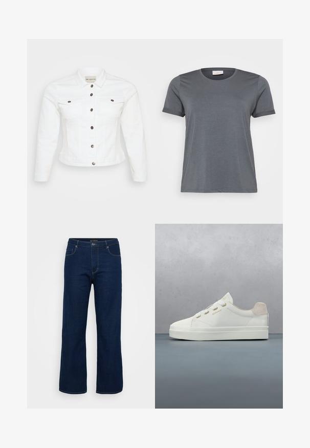 Hvid denimjakke med lange ærmer, knaplukning foran, to brystlommer og sølvfarvede knapper. Glat tekstur og cropped design.; Grå kortærmet T-shirt lavet af blødt stof, med en klassisk rund halsudskæring og oprullede ærmer. Glat tekstur uden synlige mønstre.; Mørkeblå denim jeans med lige pasform, der har en lynlås, fem lommer og synlige syninger.; Hvid GANT-sneaker med guldøjer og logo, svævende over trægulve og småsten, grøn plante og betonvæg i baggrunden.