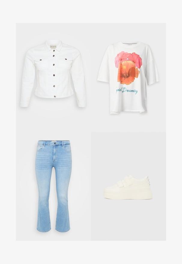 Hvid denimjakke med lange ærmer, knaplukning foran, to brystlommer og sølvfarvede knapper. Glat tekstur og cropped design.; Hvid T-shirt med korte ærmer med stort pink og orange blomsterprint samt blå tekst "Tropical Dreaming" på fronten.; Lys blå denim jeans med en tætsiddende talje, flagrende bukseben, fem-lomme design og subtil forvitring i stofstrukturen.; Hvid platformsneaker med dobbelte velcrobånd og sølvnitter på hælen, vist fra siden på en ensfarvet baggrund.