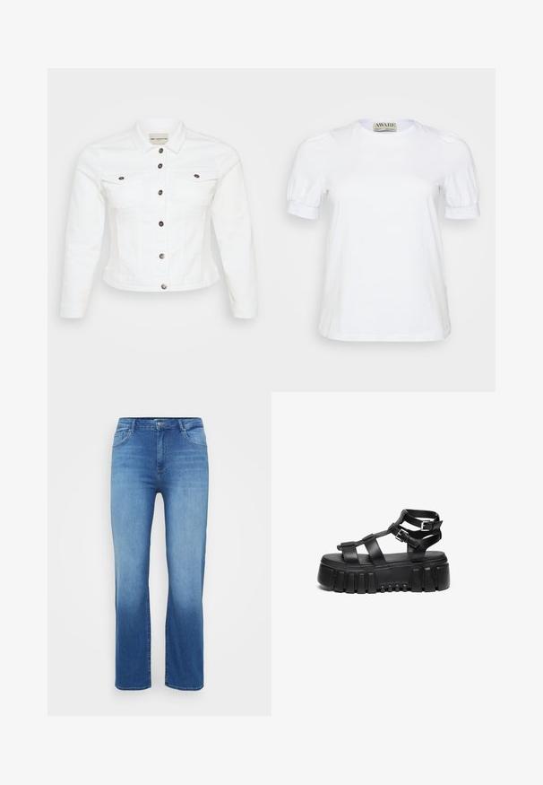 Hvid denimjakke med lange ærmer, knaplukning foran, to brystlommer og sølvfarvede knapper. Glat tekstur og cropped design.; Hvid kortærmet t-shirt lavet af bomuld, med rund halsudskæring og pufærmer med elastiske manchetter. Simpelt og klassisk design.; Lysblå denimjeans med lige snit, fem-lomme design og en slidt effekt ved kanten. Knaplukning i taljen.; Sorte platform sandaler har lagdelte stropper og spænde detaljer, med en chunky, struktureret sål og et glat fodsengdesign.