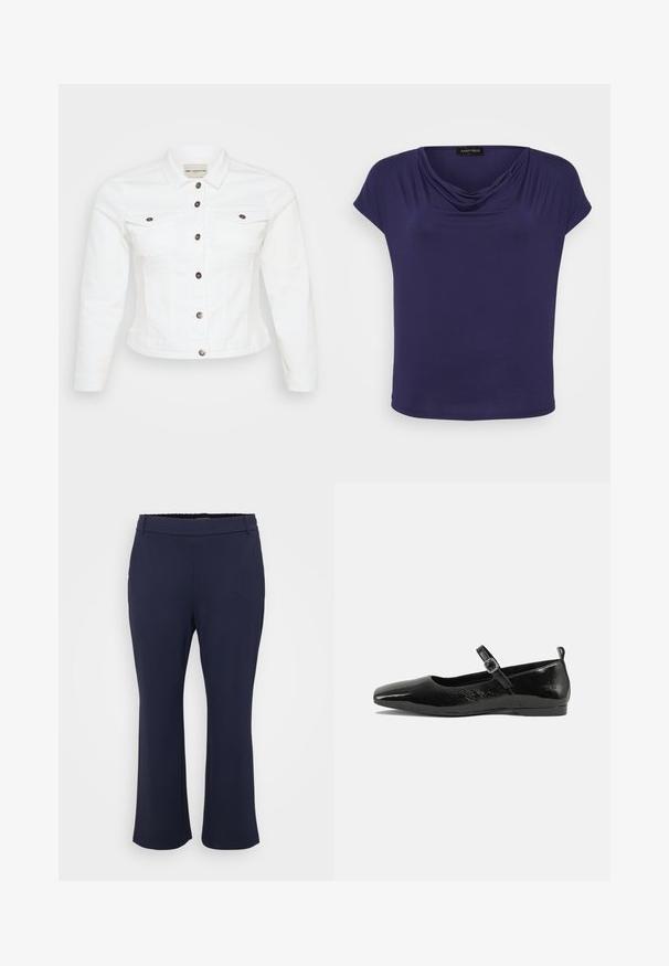 Hvid denimjakke med lange ærmer, knaplukning foran, to brystlommer og sølvfarvede knapper. Glat tekstur og cropped design.; Mørkeblå top lavet af blødt stof med en draperet halsudskæring, korte ærmer og en afslappet pasform. Kantlinjen er let afrundet.; Mørkeblå hør tilbagestrækstøvler lavet af et glat, strækbart stof. Har en tætsiddende talje med elastisk bånd og en ren kant forneden.; Sorte patentlæder flade sko med spidse tæer, en ankelrem med spænde og en glat, blank tekstur. Lav hæl for komfort.