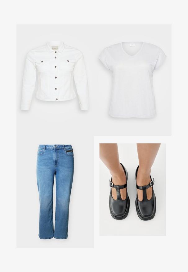 Hvid denimjakke med lange ærmer, knaplukning foran, to brystlommer og sølvfarvede knapper. Glat tekstur og cropped design.; Hvid kortærmet V-hals t-shirt med en subtil skimmereffekt, der har en afslappet pasform og ingen synlige mønstre eller accenter.; Lyseblå jeans med lige ben, foran med knap og lynlås, for- og baglommer samt en lille lynlåslomme på forsiden til højre.; Sorte lædersko med T-rem-design, lukket tå og sølvfarvede spændeaccenter. Glat tekstur med rundet tå og flad sål.