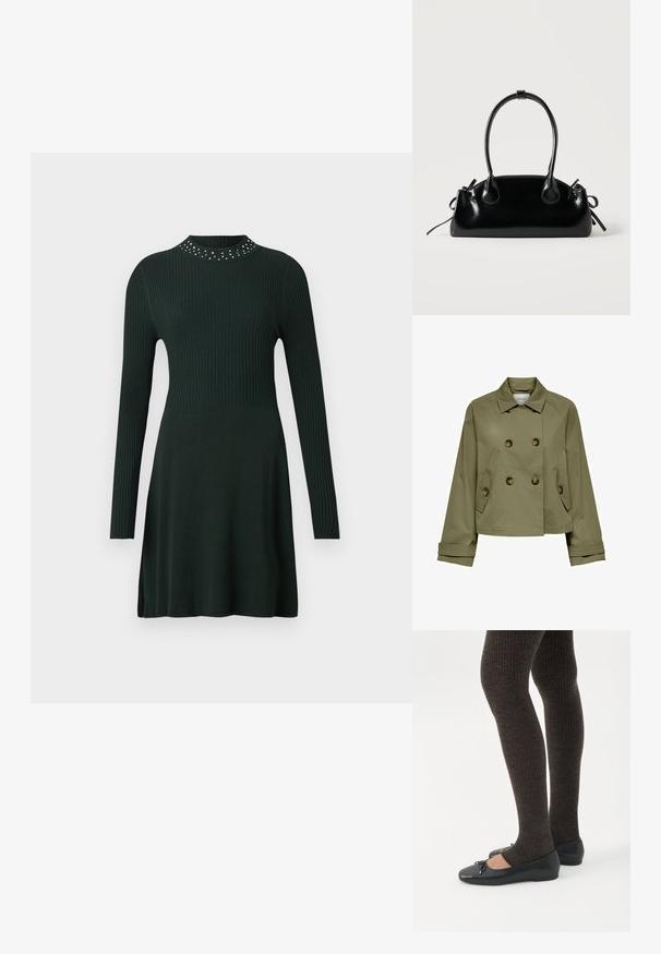 Veste cropped vert olive avec un devant à double boutonnage, de grands boutons et deux poches latérales. Elle présente un col classique et de larges poignets.; Robe tricotée côtelée vert foncé à manches longues avec un col haut décoré de petits clous en argent, taille cintrée et jupe évasée.; Jambes portant des leggings côtelés foncés associés à des ballerines noires avec de petits détails en nœud sur fond blanc.; Petit sac à main noir brillant avec deux longues anses et des détails à cordon sur les côtés sur un fond clair uni.