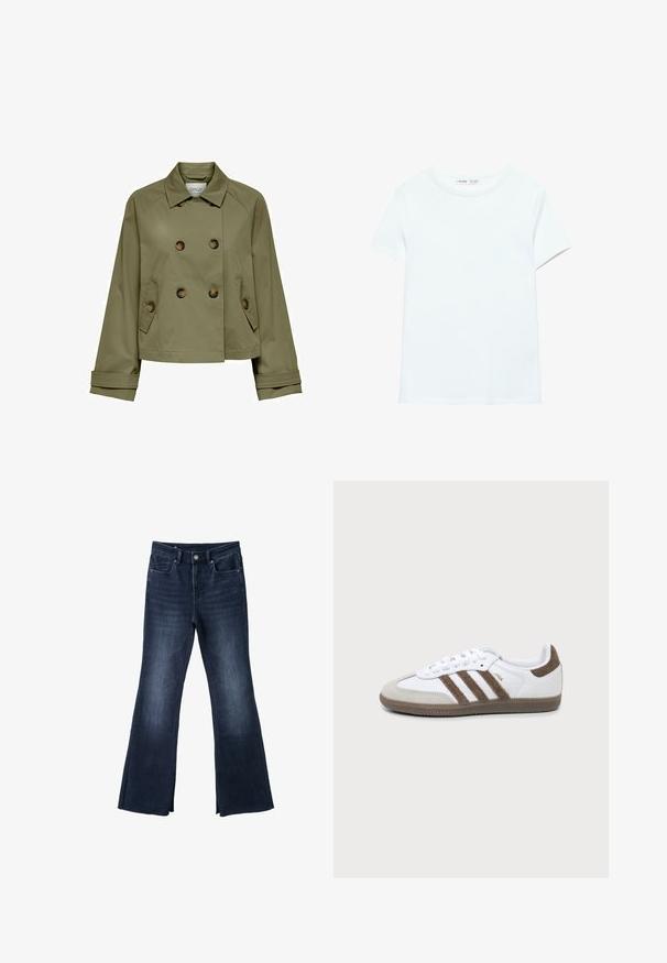 Veste cropped vert olive avec un devant à double boutonnage, de grands boutons et deux poches latérales. Elle présente un col classique et de larges poignets.; T-shirt blanc uni en coton à manches courtes, col rond, présenté à plat sur un fond blanc, sans motifs ni logos visibles.; Jeans évasés bleu foncé avec poches avant, fermeture par bouton et zip, et décoloration subtile sur les cuisses et les genoux.; Basket Adidas Samba blanche et marron avec trois bandes marron, lacets et semelle texturée, vue de côté sur fond uni.