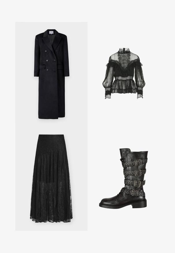 Abrigo de lana negro de doble botonadura con cuello con muesca, mangas largas y silueta recta. Cuenta con dos bolsillos frontales y detalles de botones.; Luisa Spagnoli Lauco- Blouse - Fashion Show - Blusa - nero; Falda de encaje negra con un diseño fluido y de capas. Cuenta con una cintura, patrones florales delicados y una textura transparente. La longitud llega hasta la mitad de la pantorrilla.; Bota de cuero negro hasta la rodilla con múltiples hebillas y ojetes plateados, con punta redonda y un tacón bajo en bloque. Acabado texturizado.