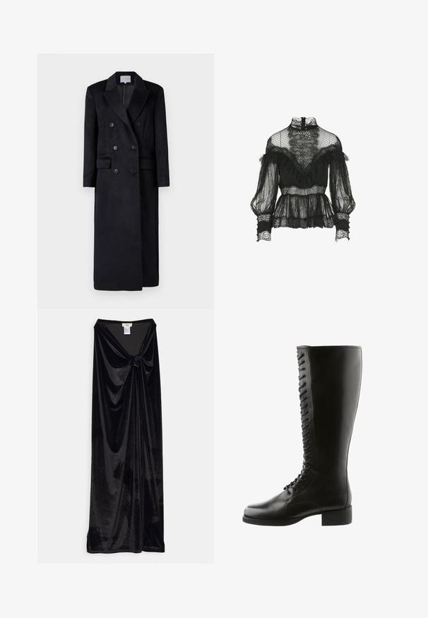 Dubbelzijdige zwarte wollen jas met een opstaande kraag, lange mouwen en een rechte silhouet. Bevat twee voorzakken en knoopaccenten.; Luisa Spagnoli Lauco- Blouse - Fashion Show - Blouse - nero; GmbH LONG SKIRT WITH A KNOT - Maxirok - black; Zwarte leren laarzen tot de knie met een vetersluiting aan de voorkant, ronde neus en blokhak, met een gladde textuur en geen zichtbare patronen.