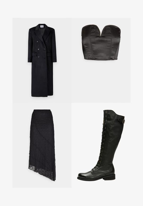 Topelt rinnaga must villane mantel, millel on soonikkoonused, pikad varrukad ja sirge siluett. Omab kahte esist taskut ja nööpkaunistusi.; Vero Moda VMSALLY CROPPED SIMILI CORSAGE - Topp - black; ONLY ONLKIM SLIT - Maksiseelik - black; Mustmust musta põlvekõrgune saabas, millel on nööpide ja hõbedaste silmadega esitõmbeosa ning külgmine pann. Omab tekstureeritud viimistlust ja kuhjaraamatut kontsa.