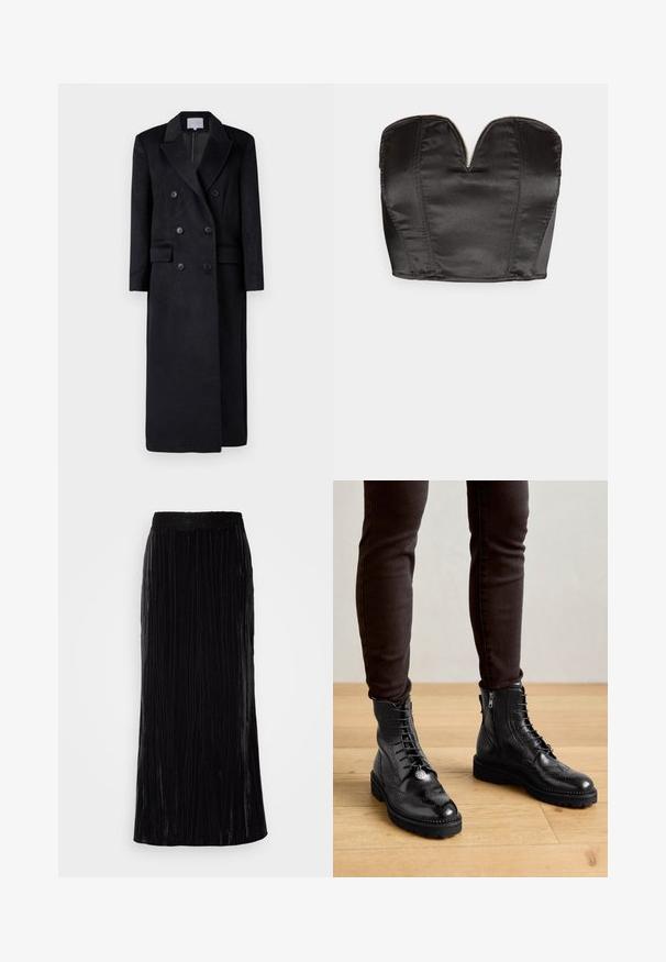 Dobbelt-brystet sort uldfrakke med notched krave, lange ærmer og en lige silhuet. Har to forlommer og knapdetaljer.; Vero Moda VMSALLY CROPPED SIMILI CORSAGE - Top - black; Lang sort fløjl maxi nederdel med vertikale plisseringer og en bølget blonde talje. Stoffet har et blødt, tekstureret udseende.; Sorte læder ankelstøvler med brogue-detaljer, snørebånd foran, sideskafter og teksturerede gummisåler. Matchet med mørke slim-fit bukser.