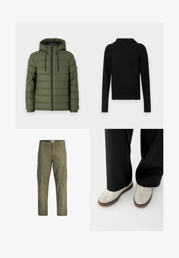 Doudoune vert olive avec capuche, dotée d'une fermeture éclair sur le devant, d'un design matelassé et d'accents noirs sur la fermeture éclair et les cordons de serrage.; Haut de sweat à capuche noir en tissu doux. Il possède une coupe décontractée, des manches longues, des poignets côtelés et un design simple de couleur unie.; Pantalons cargo vert olive en coton, avec poches latérales, coupe droite et ceinture à fermeture bouton.; Pieds portant des baskets beige avec des semelles marron et un pantalon noir à jambes larges sur fond blanc.