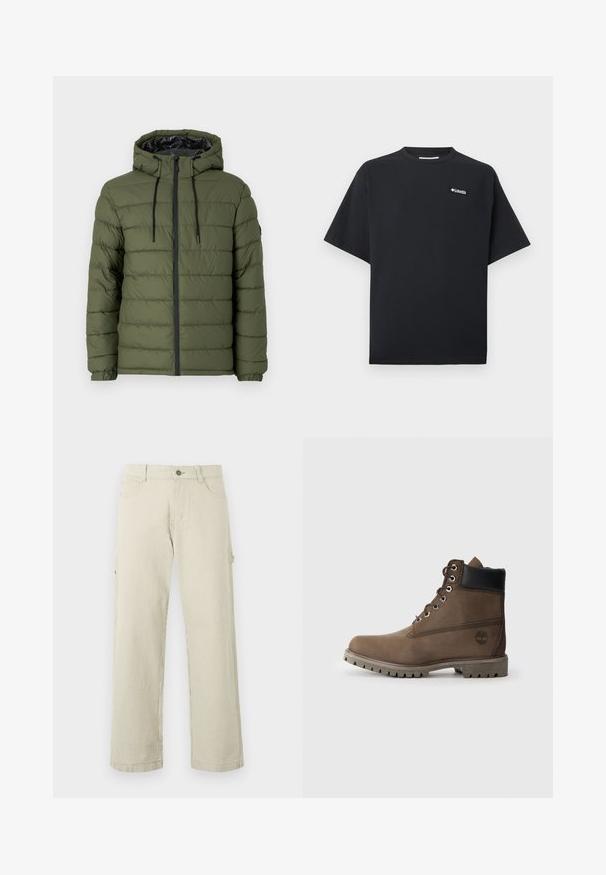 Doudoune vert olive avec capuche, dotée d'une fermeture éclair sur le devant, d'un design matelassé et d'accents noirs sur la fermeture éclair et les cordons de serrage.; T-shirt noir à manches courtes avec petit logo blanc Columbia sur le haut gauche de la poitrine, col rond et coupe décontractée.; Pantalon droit à rayures verticales beige et blanches, avec fermeture à boutons, passants de ceinture et poches latérales, présenté sur un fond uni.; Bottines en cuir marron avec un col noir, œillets en métal et semelle grise robuste. Comprend un logo sur le côté et des détails cousus.