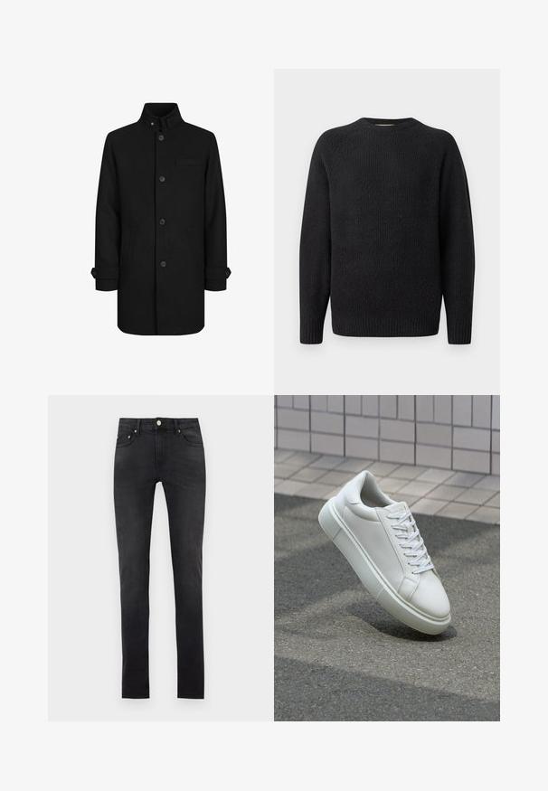 Sort uldblandingsfrakke med høj krave, knaplukning foran, to sidelommer og en brystlomme. Har manschetdetaljer ved ærmerne.; Sort strikket sweater med rund hals, ribbet tekstur og lange ærmer. Simpelt design uden synlige logoer eller udsmykninger.; Sorte slim-fit jeans med fem-lomme-design, frontknap og bæltestropper, vist på en ensfarvet lys baggrund.; Hvide lædersneakers med en glat overflade, rund tå og flade hvide snørebånd. Har en tekstureret gummisål og minimalt design.