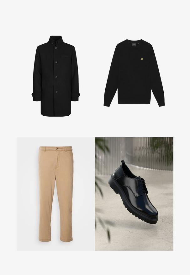 Schwarzer Wollmischungs-Mantel mit hohem Kragen, Frontknopfverschluss, zwei Seitentaschen und einer Brusttasche. Mit Detailverarbeitung an den Ärmeln.; Schwarzes Baumwoll-Sweatshirt mit langen Ärmeln und Rundhalsausschnitt. Mit einem kleinen gelben Adler-Logo auf der Brust. Weiche Textur.; Beige Baumwollhose mit geradem Bein, ausgestattet mit einem Reißverschluss und Knopfverschluss vorne, mit aufgeschlagenen Säumen und zwei Seitentaschen.; Schwarzer Lederschuh mit glänzender Oberfläche, runder Spitze, Schnürdesign, kontrastierenden Nähten und einer dicken Gummisohle mit Profilmuster.
