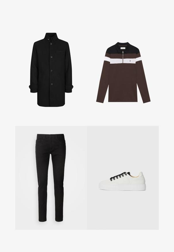 Schwarzer Wollmischungs-Mantel mit hohem Kragen, Frontknopfverschluss, zwei Seitentaschen und einer Brusttasche. Mit Detailverarbeitung an den Ärmeln.; Langärmeliges Polo-Shirt in Braun und Schwarz mit einem Reißverschlusskragen, weißen und grauen horizontalen Streifen sowie einem kleinen Logo auf der Brust.; Schwarze Jeans aus Denim im Slim-Fit-Stil, mit einem Fünf-Taschen-Design, Reißverschluss und einer sauberen, glatten Textur. Standard-Taillenumfang mit Gürtelschlaufen.; Weiße Low-Top-Sneaker mit dicker Sohle, schwarzen Schnürsenkeln, schwarzen Ösen und beigem Innenfutter auf einem schlichten weißen Hintergrund.