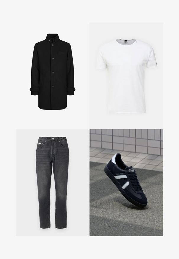 Schwarzer Wollmischungs-Mantel mit hohem Kragen, Frontknopfverschluss, zwei Seitentaschen und einer Brusttasche. Mit Detailverarbeitung an den Ärmeln.; Weißes Kurzarm-T-Shirt aus Baumwolle mit Rundhalsausschnitt, das einen kleinen schwarzen Akzent am linken Ärmel und eine saubere, glatte Textur aufweist.; Schwarze Denim-Jeans mit geradem Bein, fünf Taschen und subtiler Auswaschung. Abgeschlossen mit einem Knopf- und Reißverschluss.; Schwarze Leder-Sneaker mit weißen Streifen, strukturiertem Gummisohle und Schnürung. Verfügt über ein Markenetikett auf der Zunge.