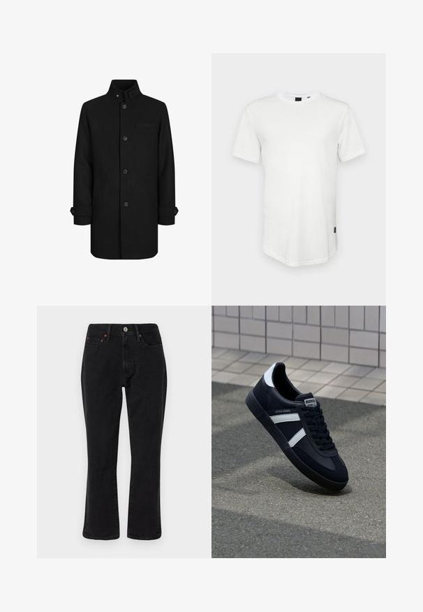 Zwarte wollen mix jas met hoge kraag, voorste knoopsluiting, twee zijzakken en één borstzak. Bevat manchetdetails aan de mouwen.; Witte t-shirt met korte mouwen, gemaakt van katoen, met een ronde halslijn en een iets verlengde achterkant, voorzien van een klein logo-accent aan de zijkant.; Zwarte denim jeans met een rechte pasvorm, vijf zakken en metalen hardware met koperen accenten. Gladde textuur en een gemiddelde taillehoogte.; Zwarte leren sneaker met witte strepen, een gestructureerde rubberen zool en vetersluiting aan de voorkant. Voorzien van een merklabel op de tong.