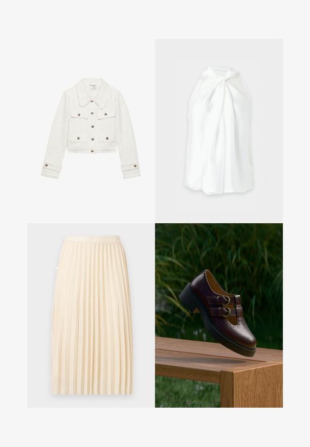 Witte cropped jas van gestructureerde stof, met een met bont gevoerde kraag, metalen knopen en twee voorzakken met kleppen.; Witte mouwloze haltertop met een knoopdetail aan de voorkant en losse, vloeiende stof.; Roomkleurige geplooide midi-rok met een aansluitende tailleband, recht hangend tegen een effen achtergrond.; Donkerbruine leren schoen met dubbele gespbanden, geperforeerde details en dikke zwarte zool, hangend boven een houten tafel buiten.