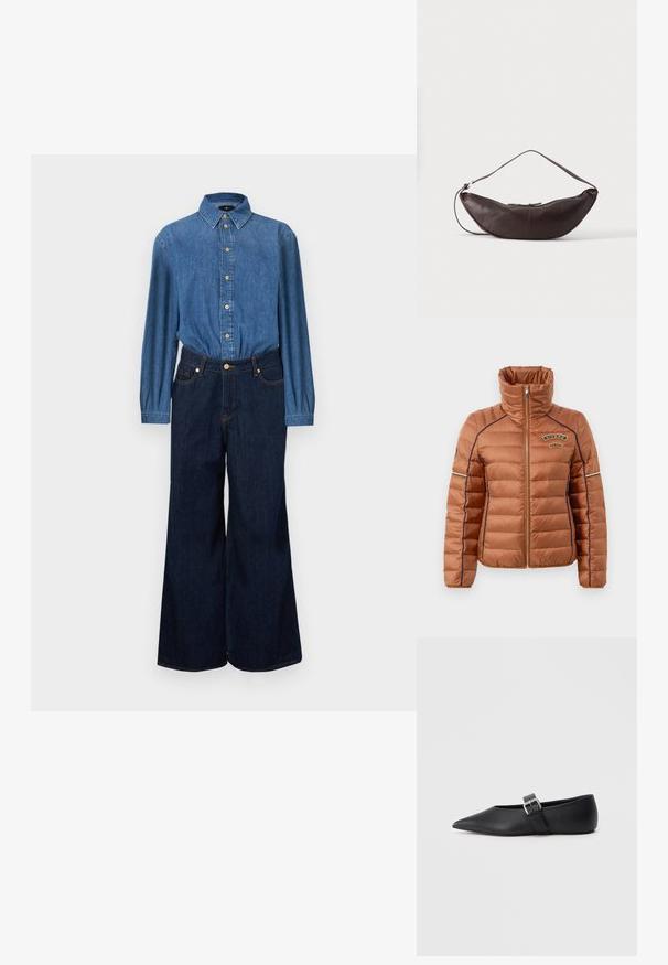 Doudoune marron avec un col haut, texture matelassée, surpiqûres contrastantes en bleu marine et un logo brodé sur la poitrine. Fermeture à glissière à l'avant.; Chemise en denim avec fermeture boutonnée sur le devant, tissu bleu et manches longues, associée à un jean taille haute à jambes larges de couleur bleu foncé. Coutures contrastantes visibles.; Chaussure plate en cuir noir avec bout pointu et bride latérale à boucle. Texture lisse, design minimaliste, profil bas. Convient pour une tenue décontractée.; Sac d'épaule en cuir marron foncé en forme de croissant avec une lanière courbée et des coutures visibles sur fond uni.