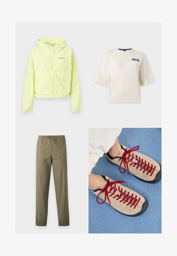 Veste coupe-vent Columbia à capuche de couleur jaune clair avec fermeture éclair à l'avant et deux poches, présentée sur un fond blanc.; T-shirt blanc à manches courtes avec un petit logo bleu The North Face sur la partie supérieure gauche de la poitrine.; Pantalon vert olive en tissu lisse avec une ceinture élastique, un cordon de serrage ajustable et des poignets élastiques aux chevilles.; Des chaussures beiges avec des lacets rouges, posées sur une surface bleue texturée, révèlent partiellement la cheville d'une personne. Les chaussures ont un design sportif.