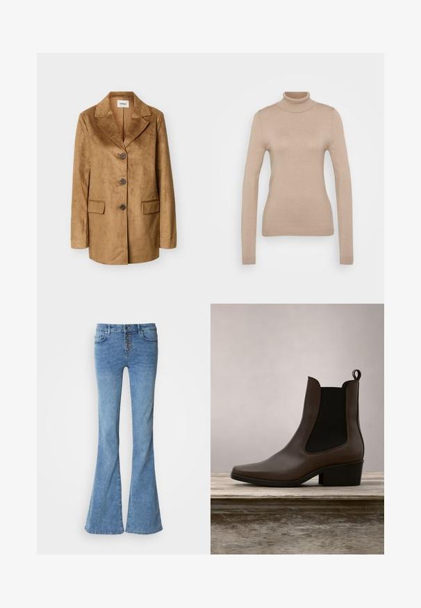 Veste en daim marron clair avec revers crantés, trois boutons foncés, manches longues et deux poches à rabat à l'avant, présentée sur un fond uni.; Pull à col roulé beige en tissu tricoté doux. Doté de manches longues, d'une coupe ajustée et d'un col et d'une bordure côtelés.; Jean en denim bleu évasé avec une taille haute et une fermeture à cinq boutons. Comprend des poches avant et une texture délavée.; Botte cheville en cuir marron au design élégant, avec des panneaux latéraux élastiques, un bout pointu et un petit talon, le tout sur un fond vert.