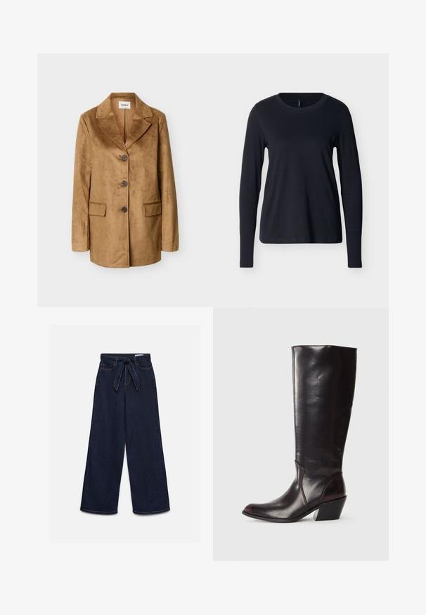 Veste en daim marron clair avec revers crantés, trois boutons foncés, manches longues et deux poches à rabat à l'avant, présentée sur un fond uni.; Chemise noire à manches longues et col rond, étalée à plat sur un fond blanc, vue de face avec un design propre et simple.; Jean taille haute bleu foncé à jambes larges avec poches avant et ceinture en tissu assortie nouée à la taille.; Botte en cuir brun foncé, à hauteur de genou, avec un bout pointu, un talon bloc angulaire et une texture lisse et brillante. Présente un design épuré et des détails de couture.
