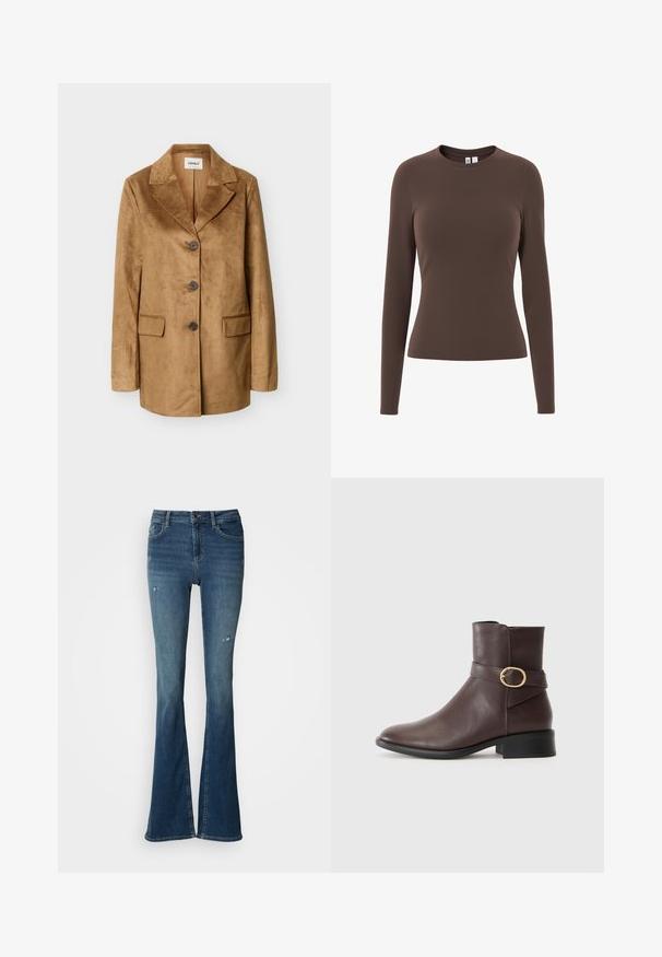 Veste en daim marron clair avec revers crantés, trois boutons foncés, manches longues et deux poches à rabat à l'avant, présentée sur un fond uni.; T-shirt marron ajusté à manches longues avec col rond et texture lisse, présenté sur fond blanc.; Jean évasé en denim bleu délavé, avec poches avant, taille haute et détails usés avec coutures visibles.; Botte de cheville en cuir marron avec un bout arrondi, une sangle latérale comportant une boucle en métal doré, et un petit talon empilé noir.