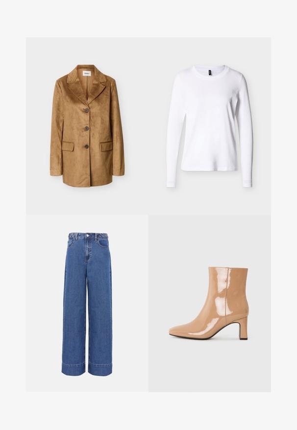 Veste en daim marron clair avec revers crantés, trois boutons foncés, manches longues et deux poches à rabat à l'avant, présentée sur un fond uni.; T-shirt blanc à manches longues avec col rond, présenté sur un fond neutre, vue de face avec une étiquette noire au niveau du col.; Jean en denim bleu à jambes larges avec ceinture tressée, bouton frontal et poches, présenté sur un fond uni.; Bottes à talon nu patent avec un bout pointu, une finition brillante et un talon bloc de hauteur intermédiaire. Texture lisse et silhouette élégante.