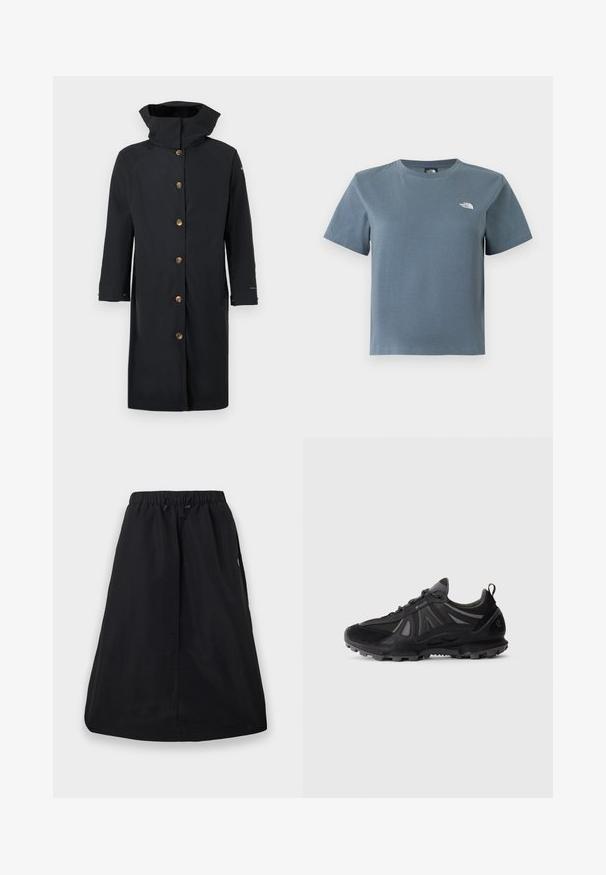Imperméable long noir avec col montant, fermeture à boutons sur le devant avec six boutons beige, et manches longues, présenté à plat sur fond blanc.; T-shirt gris-bleu à manches courtes avec col rond, petit logo blanc The North Face sur le côté gauche de la poitrine, présenté sur un fond blanc.; Jupe trapèze noire avec ceinture élastique et cordon de serrage ajustable, longueur genou, design uni avec poches latérales.; Chaussure de trail running noire avec semelle robuste, tige en mesh et synthétique, fermeture à lacets et languette de tirage sur fond blanc.