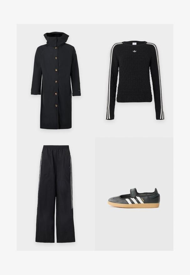 Imperméable long noir avec col montant, fermeture à boutons sur le devant avec six boutons beige, et manches longues, présenté à plat sur fond blanc.; Pull en maille noire avec une surface texturée, manches longues, col rond, rayures blanches sur les côtés et logo brodé sur la poitrine.; Pantalon de survêtement noir à jambes larges avec ceinture élastique et trois bandes blanches sur le côté de chaque jambe.; Sneaker en cuir noir et suède avec une sangle Velcro, arborant trois bandes blanches et une semelle en caoutchouc, étiqueté "SAMBA" sur le côté.