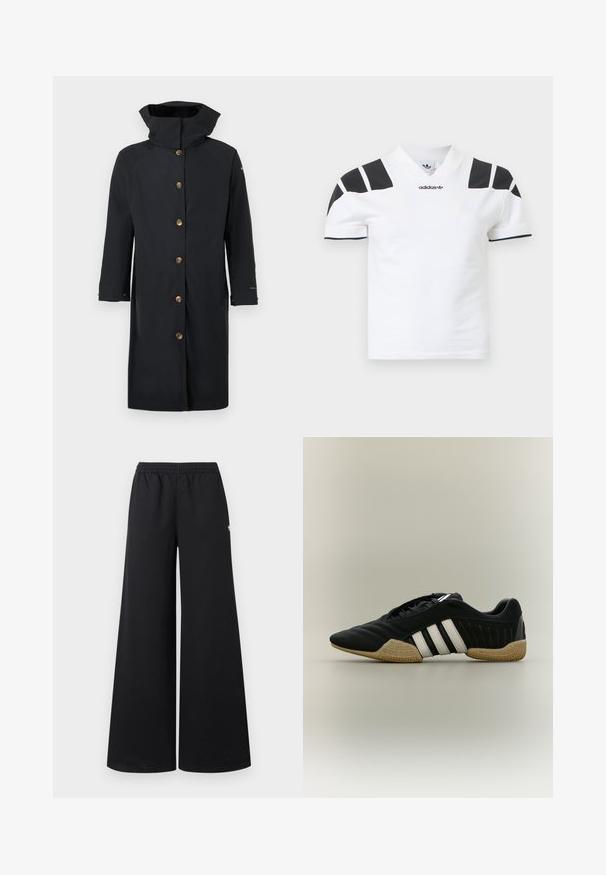 Imperméable long noir avec col montant, fermeture à boutons sur le devant avec six boutons beige, et manches longues, présenté à plat sur fond blanc.; Chemise blanche à manches courtes avec des accents noirs sur les épaules et le col. Présente un col en V et le logo Adidas sur le devant. Matière en coton.; Pantalon noir à jambes larges avec ceinture élastique et petit logo blanc sur la hanche droite, présenté sur un fond clair uni.; Chaussure de sport noire avec des bandes blanches et une semelle beige texturée sur un fond neutre, vue de profil.