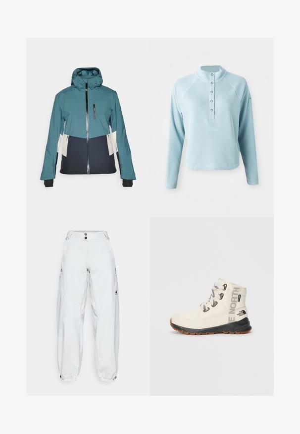 Veste turquoise et noire avec une capuche ajustée, fermeture éclair et poches zippées. Présente des panneaux crème contrastants et des poignets élastiques.; Haut à manches longues bleu clair avec un col montant, en tissu texturé et fermeture par boutons. Il présente des manches raglan et une coupe cropped.; Pantalon de ski blanc ample fabriqué en matériau imperméable, avec deux poches latérales zippées, fermeture par bouton et poignets élastiques.; Botte isolée blanche avec semelle en caoutchouc noir, lacets blancs et marquage "The North Face". Présente un col rembourré et un tissu texturé.