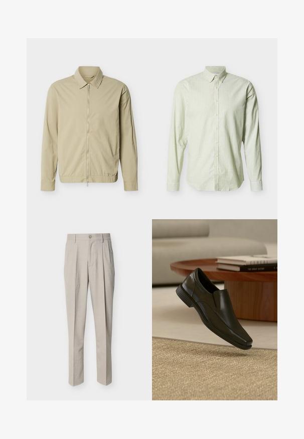 Μπεζ ελαφρύ μπουφάν με μακριά μανίκια, γιακά και ασημένιο φερμουάρ πλήρους μήκους μπροστά πάνω σε λευκό φόντο.; Πουκάμισο με μακριά μανίκια και κουμπιά, με κατακόρυφες ρίγες σε ανοιχτό πράσινο και άσπρο χρώμα, καθώς και γιακά με κουμπιά σε απλό φόντο.; Μπεζ στυλιζαρισμένο ανδρικό παντελόνι με πιέτες στο μπροστινό μέρος, θηλιές για ζώνη, κούμπωμα με κουμπί και ίσια γραμμή στα πόδια, σε λευκό φόντο.; Μαύρο δερμάτινο επίσημο παπούτσι χωρίς κορδόνια που αιωρείται πάνω από μπεζ υφαντό χαλί, με στρογγυλό ξύλινο τραπεζάκι σαλονιού και στοιβαγμένα βιβλία στο φόντο.