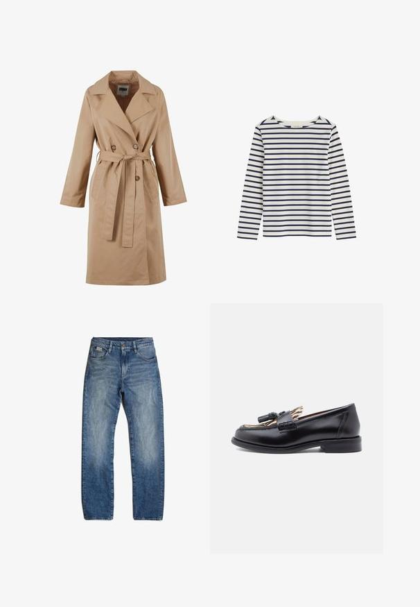 Beige trenchcoat met een dubbelgebreide ontwerp, grote kraag, strikceintuur en zijzakken. Gemaakt van een gladde, lichte stof.; Wit shirt met lange mouwen en horizontale marineblauwe strepen, met een ronde hals, plat neergelegd op een witte achtergrond.; Blauwe denim jeans met een rechte snit, lichte vervaging en subtiele wassing. Beschikt over vijf zakken en een knoopsluiting.; Zwarte leren loafers met een ronde neus, voorzien van een geweven kwastaccent en een contrasterende dierenprintvoering. Lage, rechte hak.
