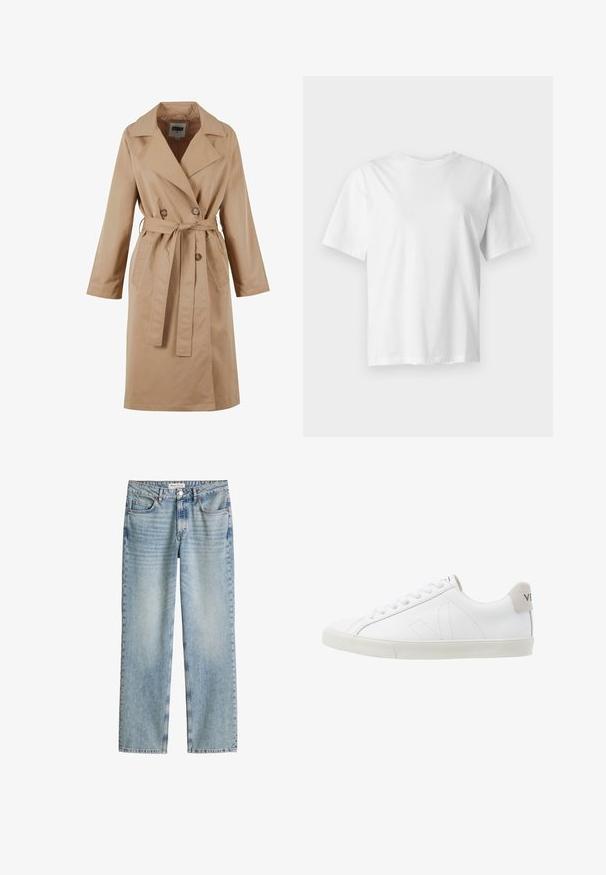 Beige Trenchcoat mit einem doppelt geknöpften Design, großem Kragen, Bindegürtel und Seitentaschen. Hergestellt aus glattem, leichtem Stoff.; Schlichtes weißes Kurzarm-T-Shirt mit Rundhalsausschnitt, flach auf einem hellgrauen Hintergrund dargestellt.; Hellblaue Jeans mit geradem Bein, vorne und hinten mit Taschen, Knopf- und Reißverschluss sowie einem Marc O'Polo-Label am Bund.; Weiße Ledersneaker mit einer strukturierten, cremefarbenen Gummisohle. Zu den Merkmalen gehören Schnürsenkel, dezente Nähte und ein grauer Wildleder-Hackeneinsatz.