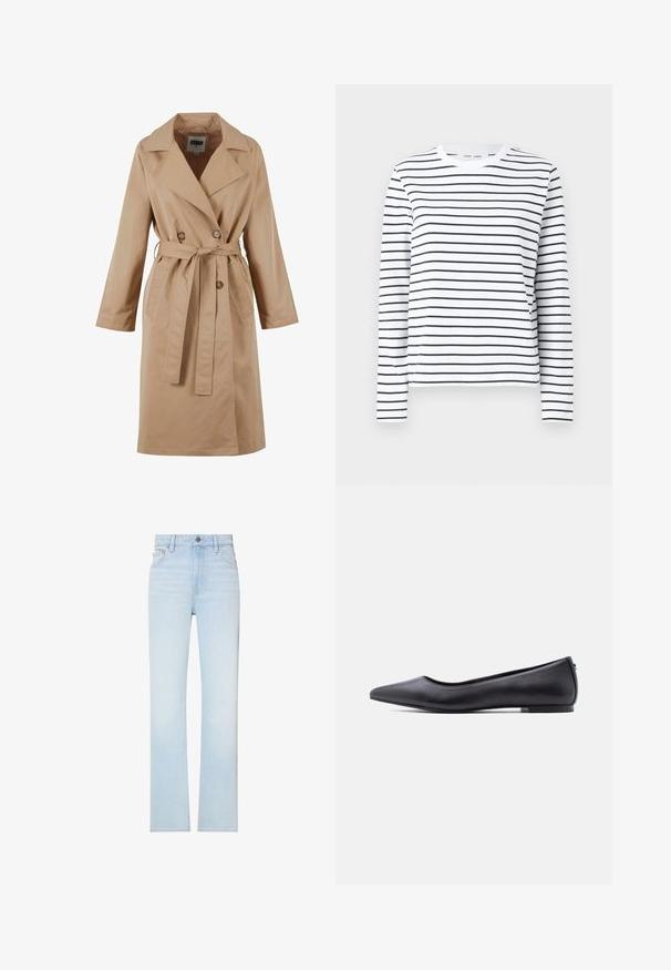Manteau beige en trench, avec un design à double boutonnage, un grand col, une ceinture à nouer et des poches latérales. Fabriqué en tissu léger et lisse.; Chemise à manches longues en coton blanc avec des rayures horizontales noires. Présente un col rond et une coupe décontractée. Pas d'accents ou de motifs notables.; Jean droit taille haute bleu clair avec poches avant, passants de ceinture et fermeture par bouton.; Chaussure plate en cuir noire à bout pointu avec petit talon, vue de profil sur fond blanc.