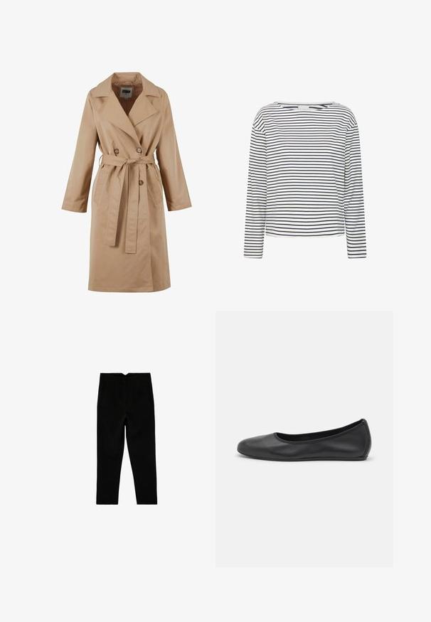 Beige Trenchcoat mit einem doppelt geknöpften Design, großem Kragen, Bindegürtel und Seitentaschen. Hergestellt aus glattem, leichtem Stoff.; Langärmliges Oberteil mit Bootsausschnitt, aus weichem Stoff mit horizontalen Streifen in Marineblau und Weiß. Gerader Schnitt und minimalistische Details.; Schwarze, maßgeschneiderte, knöchellange Hose mit Seitentaschen und leicht zulaufendem Bein, flach auf weißem Hintergrund ausgelegt.; Schwarze Leder-Ballettschuhe mit abgerundeter Spitze, glatter Textur, minimalen Nähdetails und einem flexiblen Sohlen-Design.