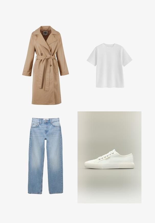 Beige trenchcoat met een dubbelgebreide ontwerp, grote kraag, strikceintuur en zijzakken. Gemaakt van een gladde, lichte stof.; Effen witte T-shirt met korte mouwen en ronde hals, regular fit en een gladde stoftextuur op een witte achtergrond.; Lichtblauwe denim jeans met een recht model, vijf zakken en zichtbare stiksels. De stof heeft een zachte, iets vervaagde textuur.; Witte lage canvas sneaker met een getextureerde rubberen zool, witte veters en een klein Calvin Klein-label aan de zijkant.