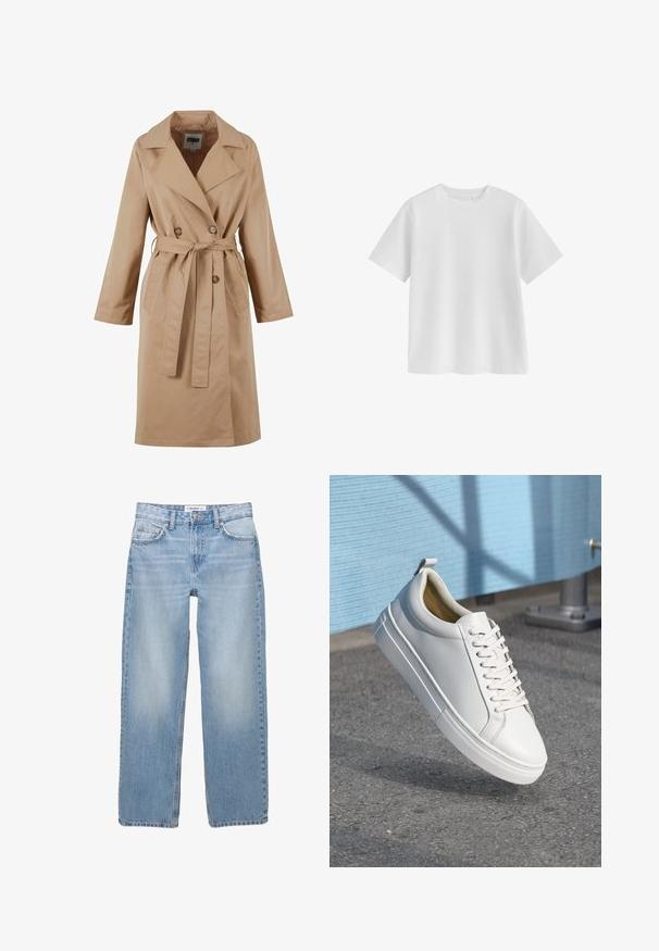 Beige shabby takki, jossa on kaksirivinen muotoilu, suuri kaulus, nauhavyö ja sivutaskut. Valmistettu sileästä, kevyestä kankaasta.; Yksinkertainen valkoinen lyhythihainen pyöreäkauluksinen t-paita, normaali istuvuus ja sileä kangaspinta valkoisella taustalla.; Vaaleansiniset farkut, joissa on suora lahjemuoto, viisi taskua ja näkyvät ompeluyksityiskohdat. Kangas on pehmeää ja hieman haalistunutta.; Valkoiset nahkakengät, joissa on tasaset narut, pyöristetty kärki, kumipohja ja pieni vetotappi kantapäässä. Tasainen rakenne ja minimaalinen muotoilupisteiden määrä.