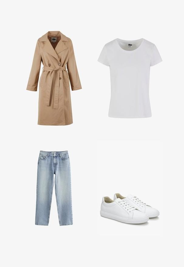 Beige trenchcoat met een dubbelgebreide ontwerp, grote kraag, strikceintuur en zijzakken. Gemaakt van een gladde, lichte stof.; Witte, korte mouwen t-shirt gemaakt van katoen. Heeft een ronde hals en een slim-fit vorm. Etiket zegt "URBAN CLASSICS."; Lichtblauwe denim jeans met een recht model, hoge taille en subtiele vervaging. Voorzien van een knoopsluiting en standaard vijf zakken.; Witte leren sneakers met een gladde textuur, ronde neuzen en platte rubberen zolen. Voorzien van veters en een minimalistisch ontwerp zonder patronen.