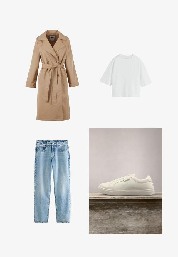 Beige trenchcoat met een dubbelgebreide ontwerp, grote kraag, strikceintuur en zijzakken. Gemaakt van een gladde, lichte stof.; Effen witte oversized T-shirt met korte mouwen, een ronde hals en een losse pasvorm.; Lichtblauwe denim jeans met een relaxte pasvorm. Beschikt over vier zakken, een klassieke knoopsluiting en minimale vervaging voor een uniforme textuur.; Witte leren sneaker met veters die boven een houten bank zweeft, met groen lang gras dat op de achtergrond vervaagd is in de buitenlucht.