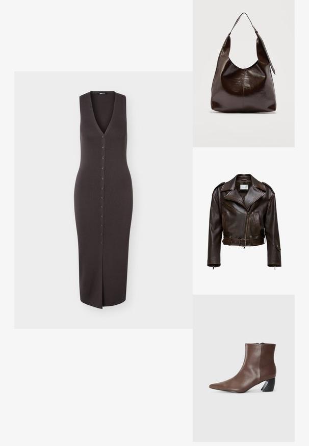 Chaqueta de cuero marrón recortada con un amplio collar, cierre de cremallera frontal, múltiples bolsillos y cinturón ajustable. Presenta herrajes metálicos y una textura suave.; Vestido de punto marrón oscuro sin mangas con escote en V profundo, cierre de botones en la parte delantera y abertura hasta la rodilla en el dobladillo.; RAID DEBRA - Botines bajos - brown; Bolso de hombro de cuero marrón oscuro brillante con una sola correa ancha y detalle de hebilla en un lado, colocado sobre un fondo claro y sencillo.