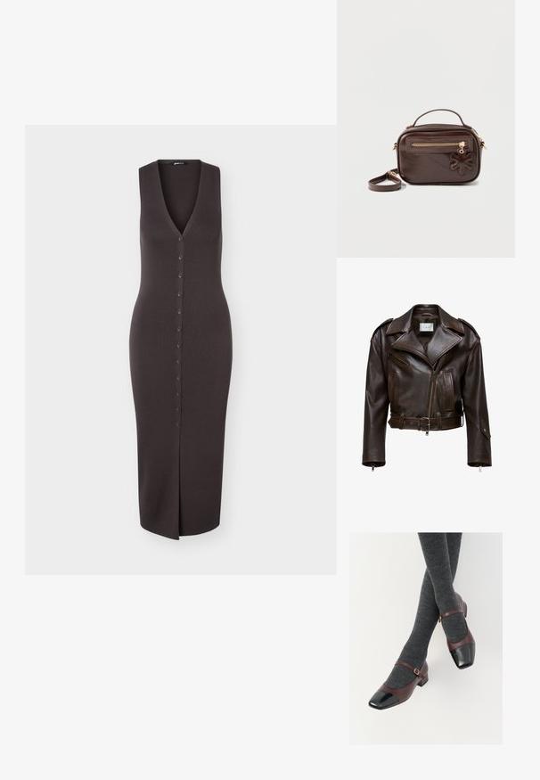 Veste en cuir marron, courte, avec un large col, fermeture éclair à l'avant, plusieurs poches et une ceinture ajustable. Présente des finitions métalliques et une texture lisse.; Robe en maille marron foncé sans manches avec un profond décolleté en V, fermeture à boutons sur le devant et une fente jusqu'aux genoux à l'ourlet.; Chaussures Mary Jane en cuir bordeaux avec un contrefort en verni noir et une fine sangle à la cheville ; portées avec des chaussettes côtelées gris foncé. Talon carré bas.; Sac bandoulière rectangulaire en cuir marron foncé avec une poignée supérieure, une poche avant zippée et un charm en cuir en forme de fleur sur la tirette du zip.