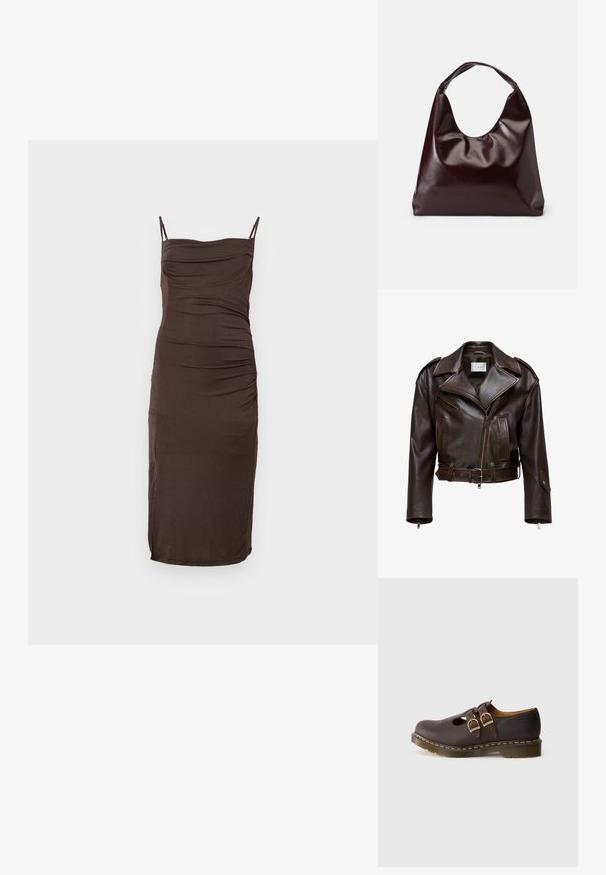 Veste en cuir marron, courte, avec un large col, fermeture éclair à l'avant, plusieurs poches et une ceinture ajustable. Présente des finitions métalliques et une texture lisse.; Robe midi marron sans manches avec fines bretelles et détails froncés subtils sur le buste et sur le côté, présentée sur un fond clair uni.; Chaussure en cuir marron foncé avec des sangles à double boucle, un design perforé au niveau des orteils et une semelle épaisse translucide avec des coutures jaunes.; Sac en cuir vegan bordeaux, brillant, avec une forme douce et sculpturale et une large poignée incurvée pour un transport facile.