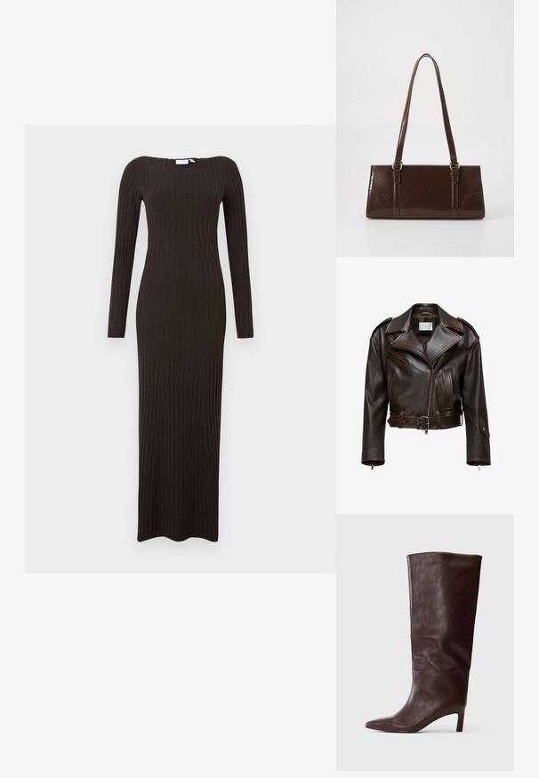 Veste en cuir marron, courte, avec un large col, fermeture éclair à l'avant, plusieurs poches et une ceinture ajustable. Présente des finitions métalliques et une texture lisse.; Robe longue moulante en tissu côtelé de couleur brun foncé, avec manches longues et encolure bateau. Texture lisse avec une coupe longue jusqu'au sol.; Botte en cuir marron foncé, haute et à bout pointu, avec un talon slim de hauteur moyenne sur fond blanc uni.; Sac à main en cuir verni marron de forme rectangulaire, avec deux longues poignées et des accents courbés subtils à l'avant.