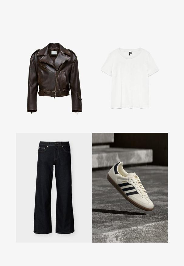 Chaqueta de cuero marrón recortada con un amplio collar, cierre de cremallera frontal, múltiples bolsillos y cinturón ajustable. Presenta herrajes metálicos y una textura suave.; Camiseta blanca de manga corta con un cuello redondo, hecha de tejido ligero. Diseño simple, textura suave y dobladillo recto.; Vaqueros de mezclilla azul oscuro de pierna ancha con botón frontal, cremallera y estilo de cinco bolsillos sobre un fondo claro liso.; Zapatilla blanca Adidas Samba con franjas negras y suela de goma, flotando sobre escalones de hormigón gris texturizado.