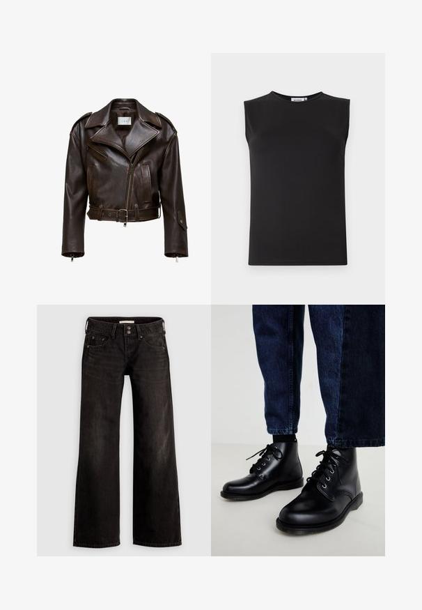 Veste en cuir marron, courte, avec un large col, fermeture éclair à l'avant, plusieurs poches et une ceinture ajustable. Présente des finitions métalliques et une texture lisse.; Haut sans manches noir en tissu lisse et extensible. Présente un col rond et une silhouette ajustée. Pas de motifs ni d'accents visibles.; Jean noir à jambes larges avec une finition légèrement délavée, comprenant des poches avant, une fermeture éclair et un bouton. Fabriqué en tissu denim.; Bottes en cuir noir montant à la cheville, à bout rond, avec un design à lacets, œillets argentés et semelles texturées, portées avec un jean denim bleu foncé.