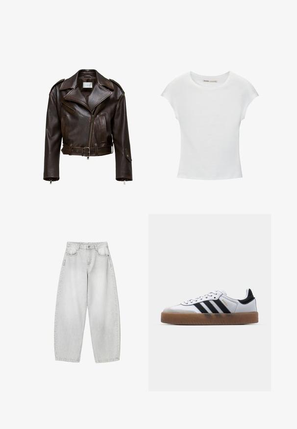 Veste en cuir marron, courte, avec un large col, fermeture éclair à l'avant, plusieurs poches et une ceinture ajustable. Présente des finitions métalliques et une texture lisse.; T-shirt en coton blanc avec manches courtes retroussées, encolure ronde et ourlet droit. Texture lisse sans motifs ni accents visibles.; Jeans à large jambe de couleur gris clair en denim, avec des poches avant, une taille à bouton et une finition légèrement délavée.; Baskets en cuir blanc avec des rayures noires, semelle extérieure en caoutchouc beige, bout rond, fermeture lacée et embout en suède gris doux.