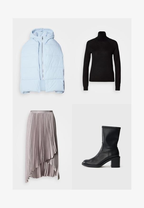 Hellblau, gefütterte Daunenjacke mit Kapuze, ausgestattet mit einem metallischen Reißverschluss, die über gesteppten Einsätzen und ein offenes Frontdesign verfügt. Weiches, strukturiertes Material.; Schwarzer Rollkragenpullover aus leichtem Strickmaterial. Mit langen Ärmeln und einer figurbetonten Silhouette mit Raglanärmeln.; Heller malvenfarbener, asymmetrischer Faltenrock mit Satinbund und mehrlagigem, kaskadenförmigem Saumdetail vor einfachem Hintergrund.; Schwarze Leder-Ankle Boots mit runder Zehenform, glatter Oberfläche und dicker Absatz, ausgestattet mit einem eng anliegenden Schaft und subtilen Nähten.