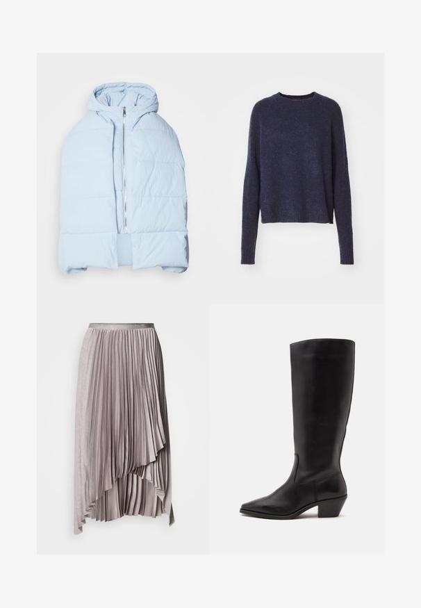 Veste en duvet à capuche bleu clair avec une fermeture éclair métallique, présentant des panneaux matelassés et un design à l'avant ouvert. Tissu doux et texturé.; Pull-over bleu marine à manches longues, avec un col rond et des poignets et un ourlet côtelés. Fabriqué dans un tissu doux et texturé.; Jupe plissée asymétrique mauve clair avec ceinture en satin et ourlet en cascade superposé, sur fond uni.; Botte en cuir noire mi-mollet avec un bout pointu et un talon bas incliné sur un fond clair uni.