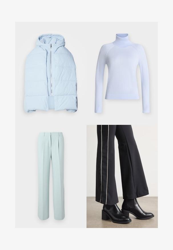 Hellblau, gefütterte Daunenjacke mit Kapuze, ausgestattet mit einem metallischen Reißverschluss, die über gesteppten Einsätzen und ein offenes Frontdesign verfügt. Weiches, strukturiertes Material.; Hellblauer Langarm-Rollkragenpullover mit geripptem Kragen, Bündchen und Saum, auf einfachem Hintergrund dargestellt.; Hellblaue High-Waist-Hose mit vorderen Falten, Gürtelschlaufen und geraden, weiten Beinen vor weißem Hintergrund.; Schwarze Lederstiefeletten mit einem Blockabsatz, ausgestattet mit elastischen seitlichen Einsätzen. Kombiniert mit schwarzen Hosen, die einen weißen Seitenstreifen haben.