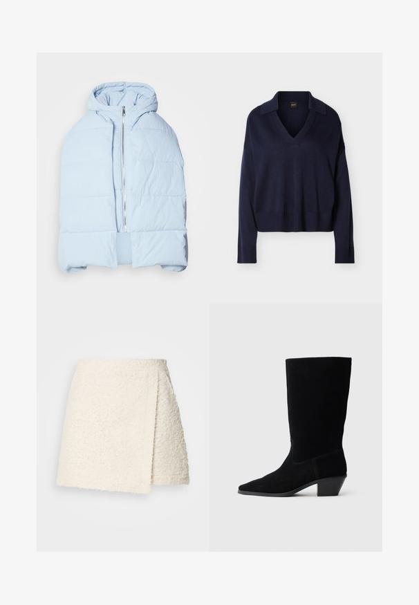 Hellblau, gefütterte Daunenjacke mit Kapuze, ausgestattet mit einem metallischen Reißverschluss, die über gesteppten Einsätzen und ein offenes Frontdesign verfügt. Weiches, strukturiertes Material.; Marineblauer Langarm-V-Ausschnitt-Pullover mit Kragen, gerippten Bündchen und Saum, auf einfachem weißem Hintergrund dargestellt.; Minirock aus cremefarbenem, strukturiertem Stoff mit einem asymmetrischen Wickelvorderteil und einem geraden Bund vor einfachem Hintergrund.; Schwarze Wildleder Stiefelette mit spitzer Zehe, mittelhohem Schaft und einem chunky Absatz. Verfügt über minimale Nähte und eine glatte Textur.